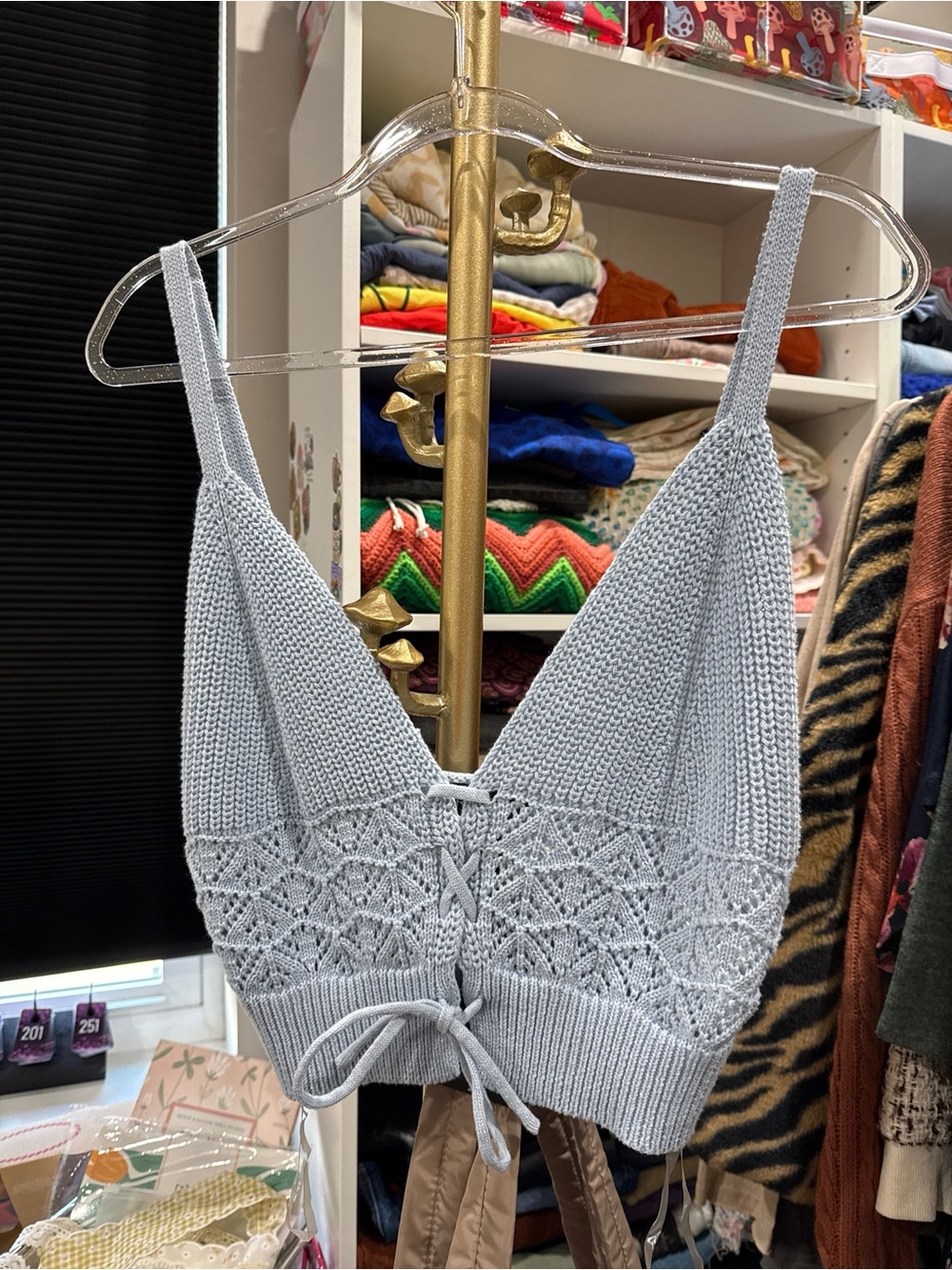 New Arden B Light Blue Crochet Tie-Front Cropped Camisole medium knit cotton - Picture 2 of 5